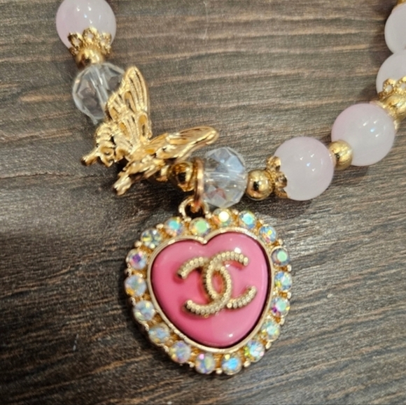 Glass Beaded Bracelet With Stamped CHANEL Crystaled Pink Heart Replacement Charm - Picture 6 of 9